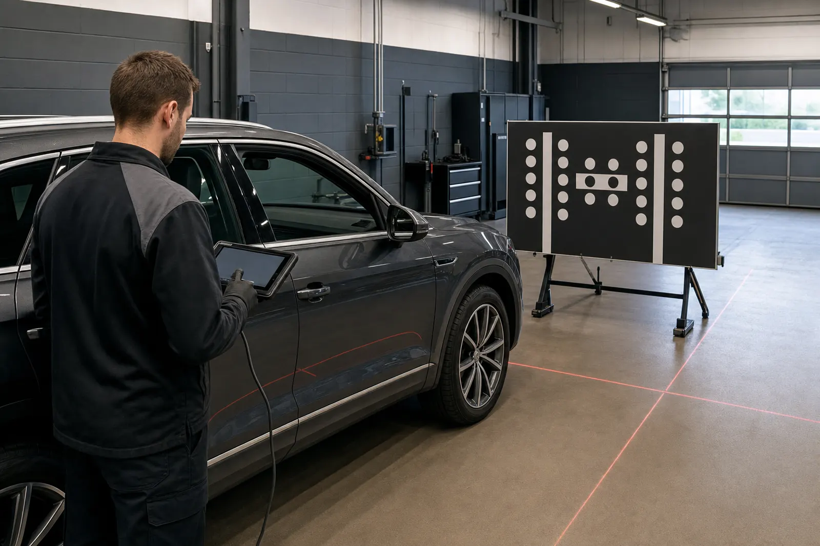 Technician with a diagnostic tablet performing a static ADAS camera recalibration on an SUV in front of a calibration target board