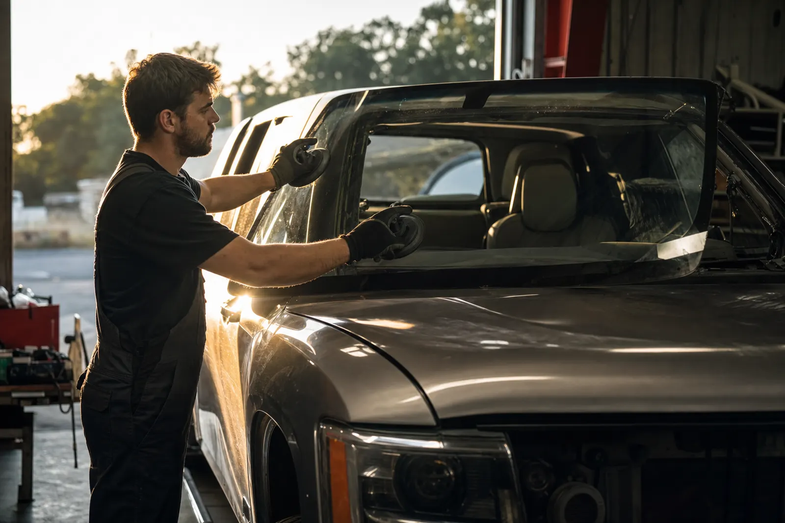 Auto glass technician setting a new windshield into a pickup truck in a shop bay at sunset