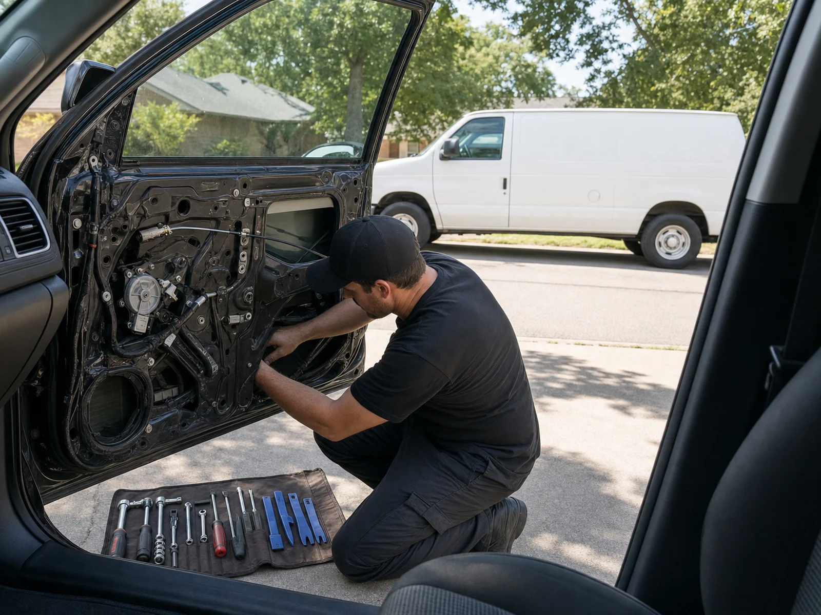 Boring's Glass Co. technician working inside a vehicle door with the trim panel removed during a mobile door glass replacement