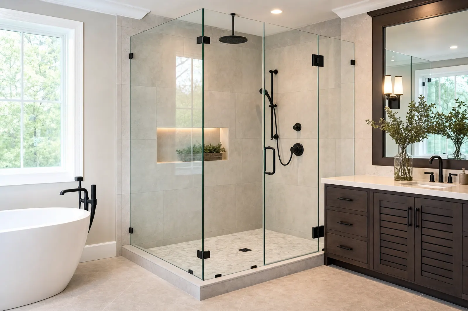 Custom frameless glass shower enclosure with matte black hardware in a finished bathroom